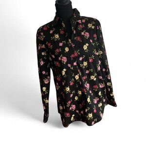 Jones New York Floral Button Down Black Cotton Blouse Size Medium Romantic